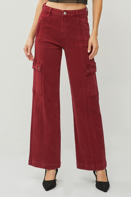 RISEN Wide Leg Cargo Jeans in Wine Red