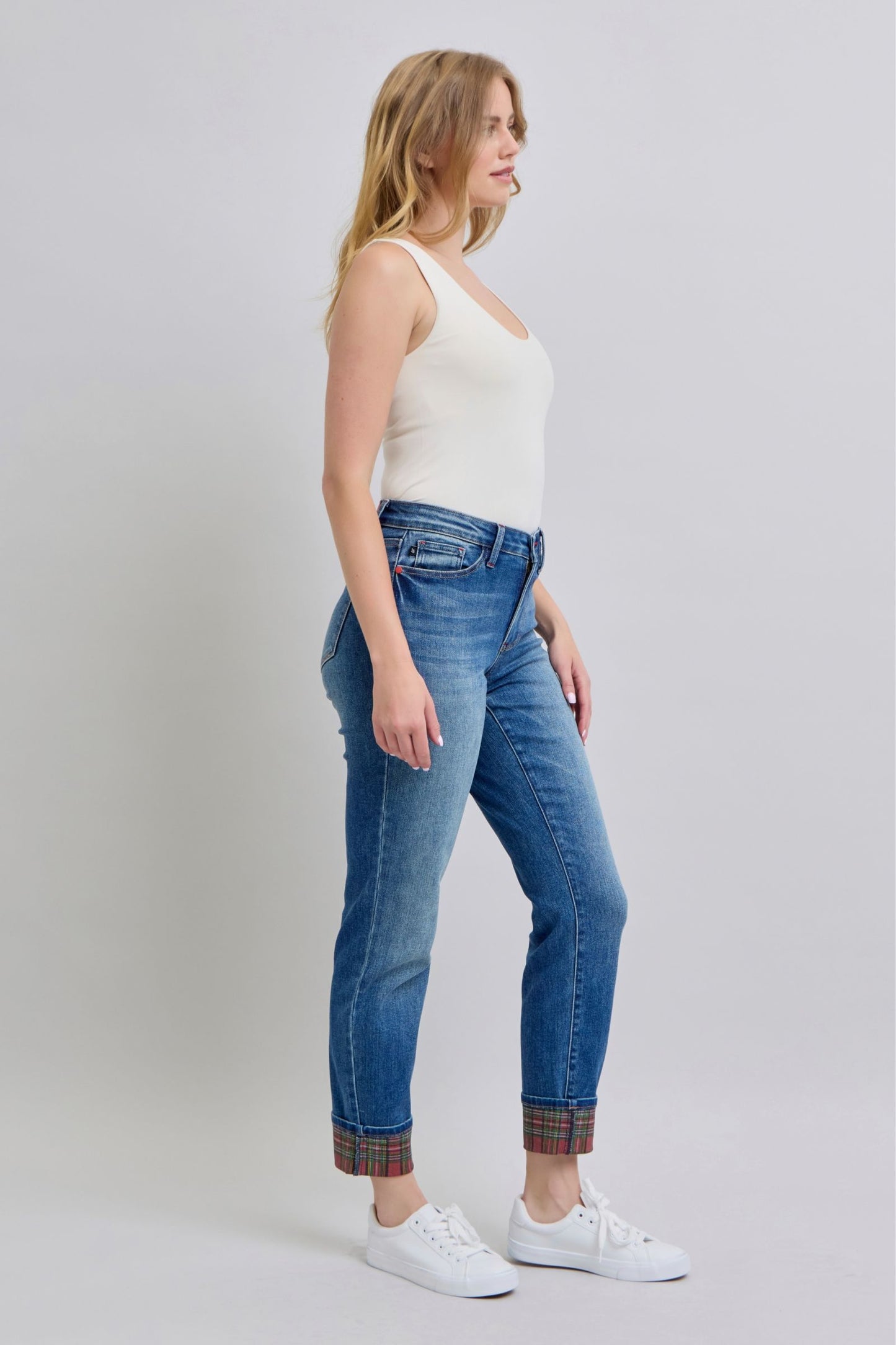 Judy Blue Plaid Cuff Straight Leg Jeans