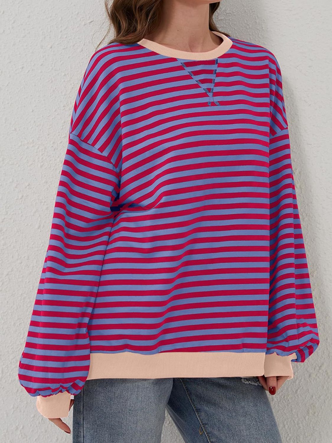 Contrast Striped Long Sleeve Oversized T-Shirt