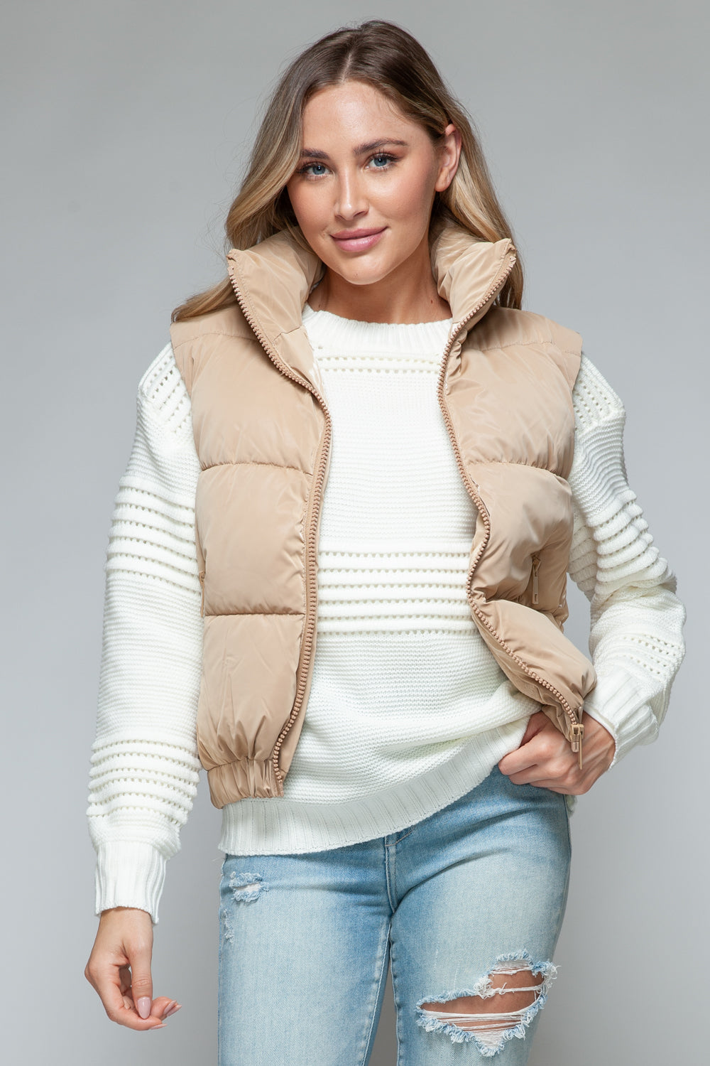 Mid Length Puffer Vest in Iced Coffee