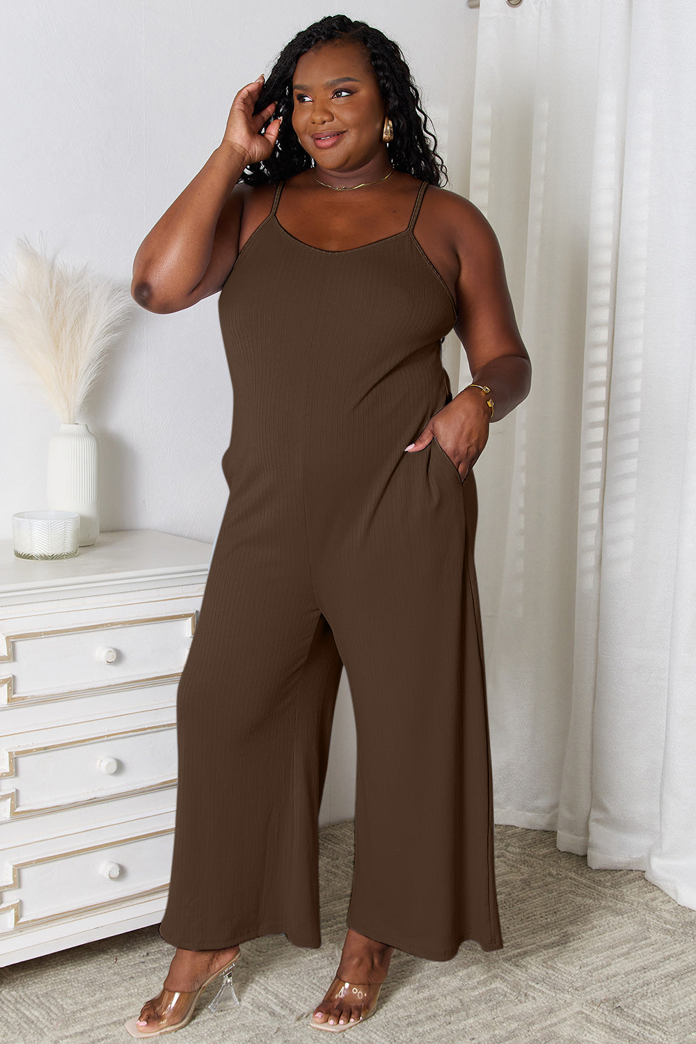 Spaghetti Strap Textured Jumpsuit - 3 Color Options