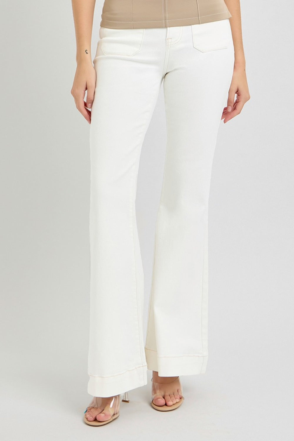 RISEN Front Patch Pocket Flare Jeans in Cream