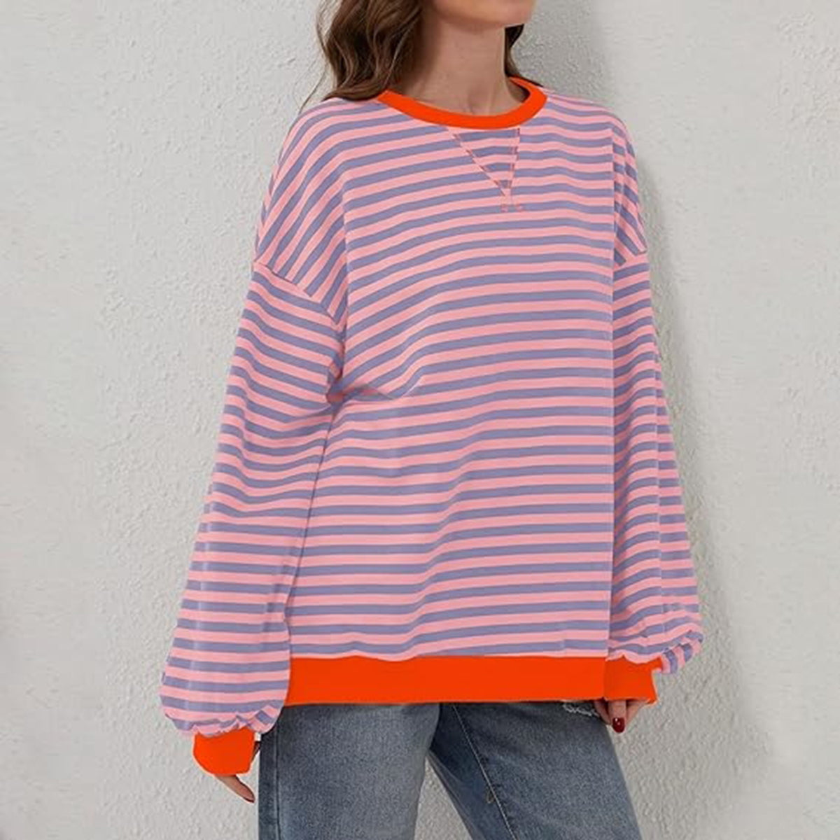 Contrast Striped Long Sleeve Oversized T-Shirt