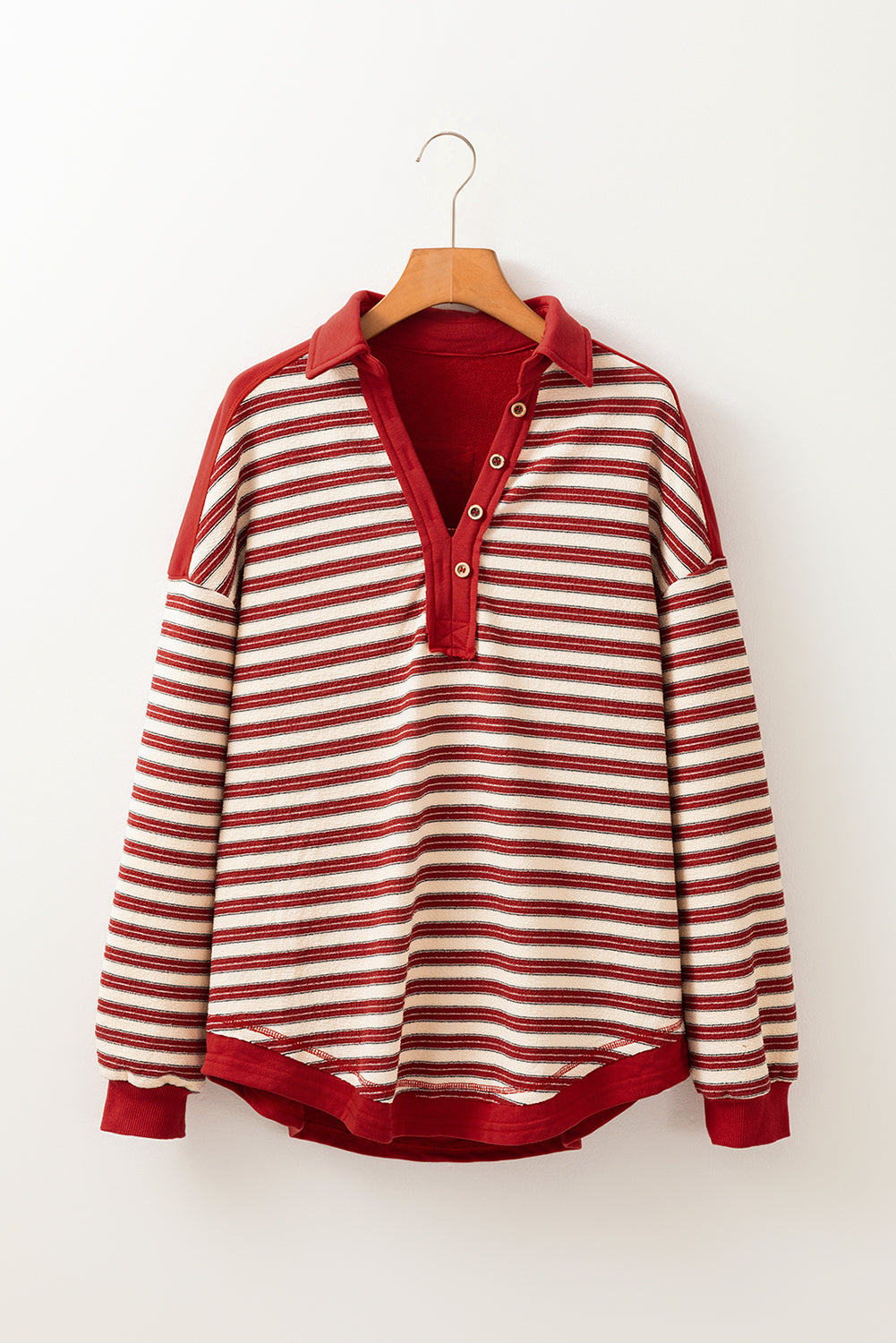 Textured Stripe Collared Henley Pullover in Red