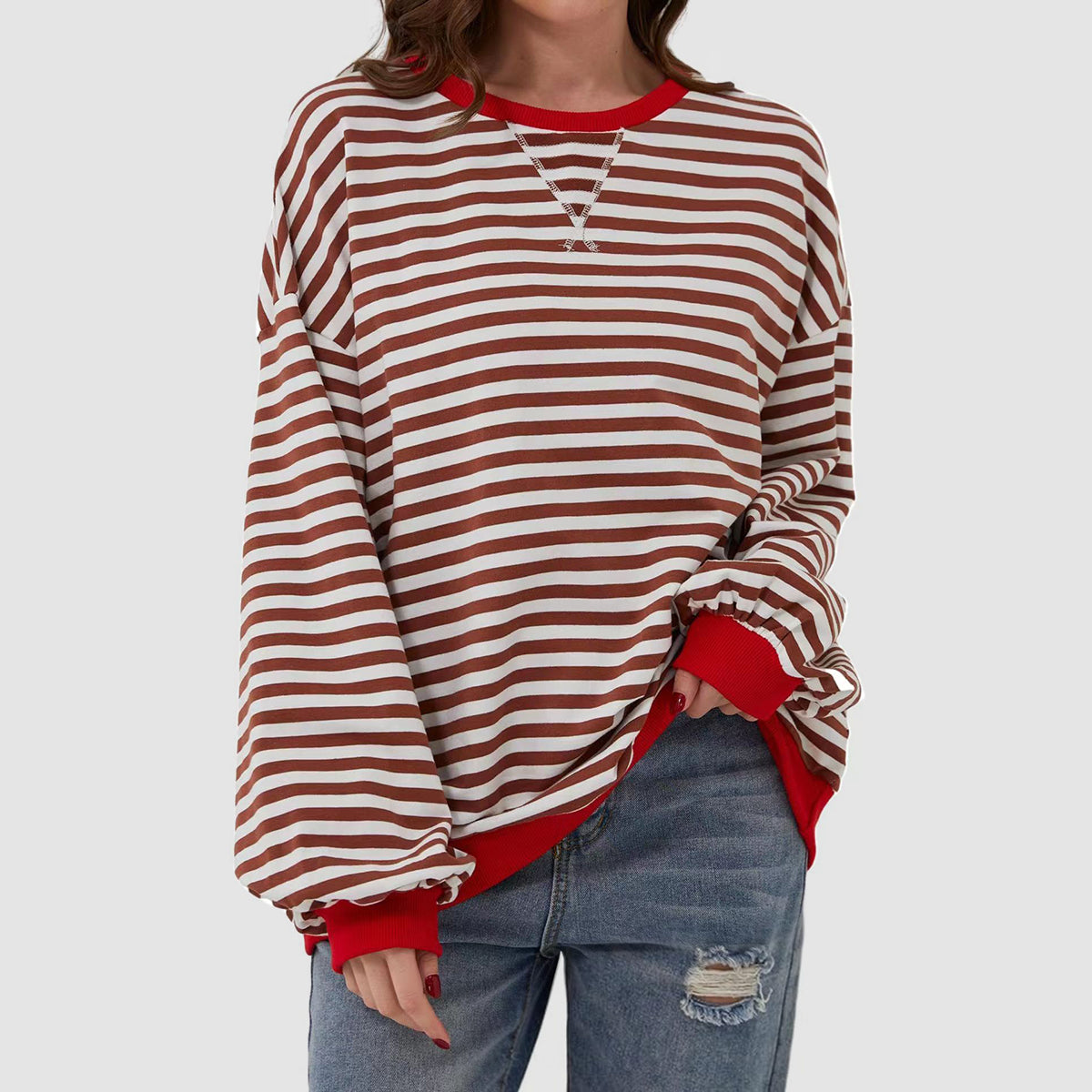 Contrast Striped Long Sleeve Oversized T-Shirt