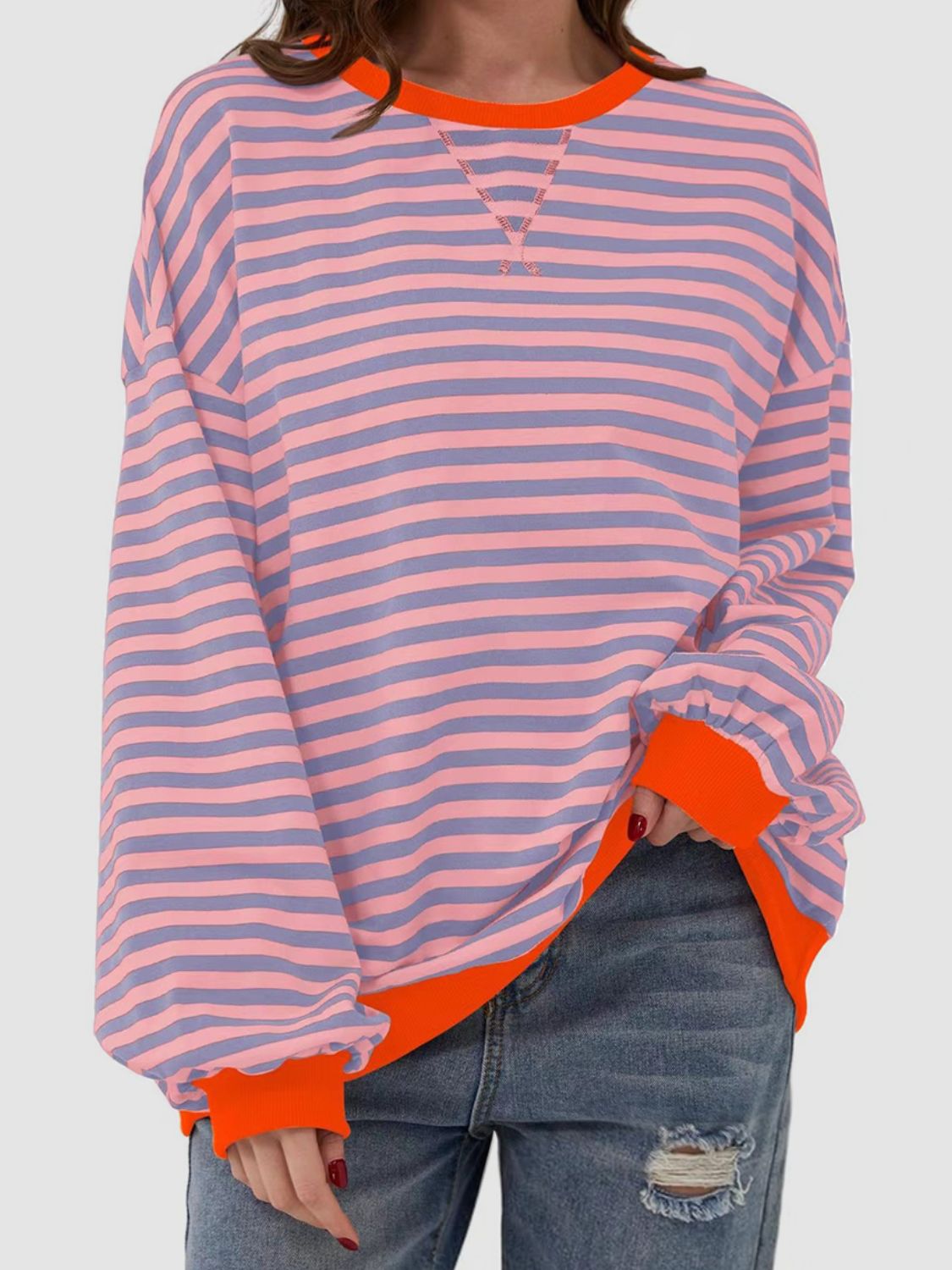 Contrast Striped Long Sleeve Oversized T-Shirt