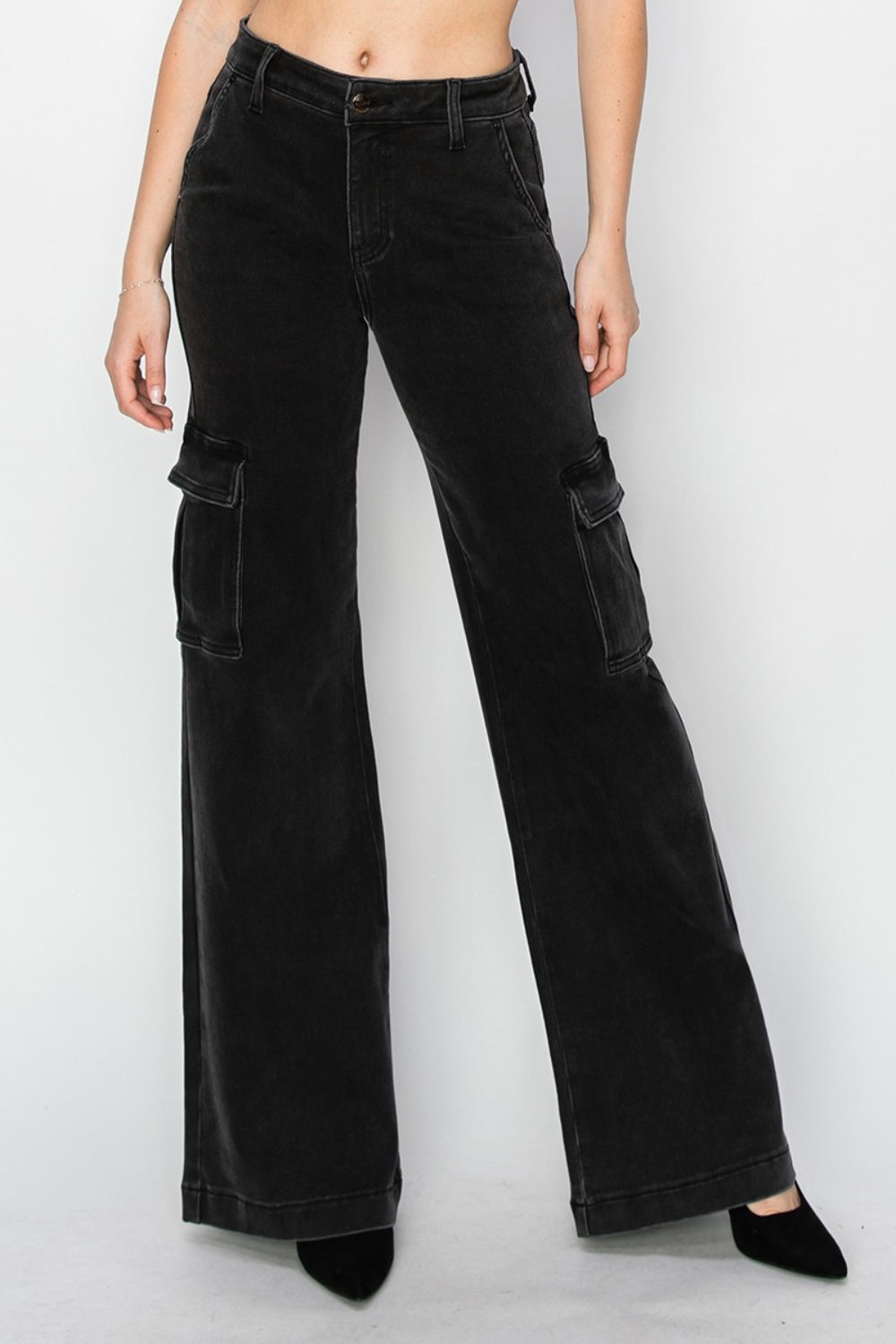 Risen Wide Leg Cargo Jeans in Washed Black