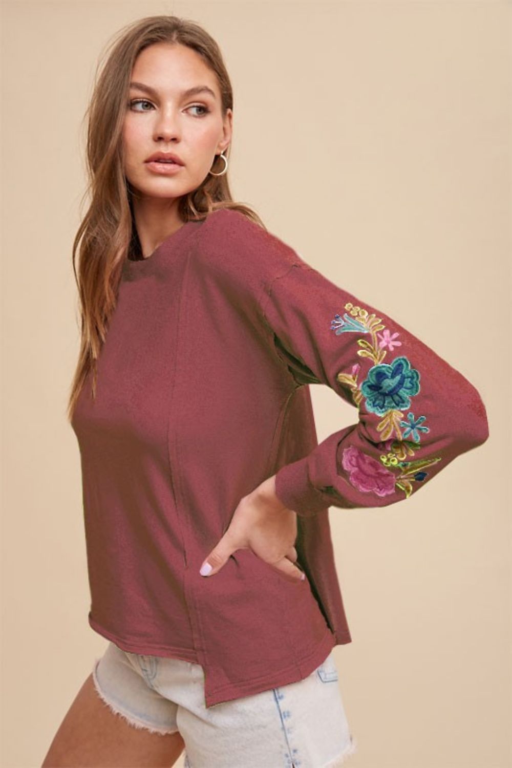 Embroidered Long Sleeve French Terry Top