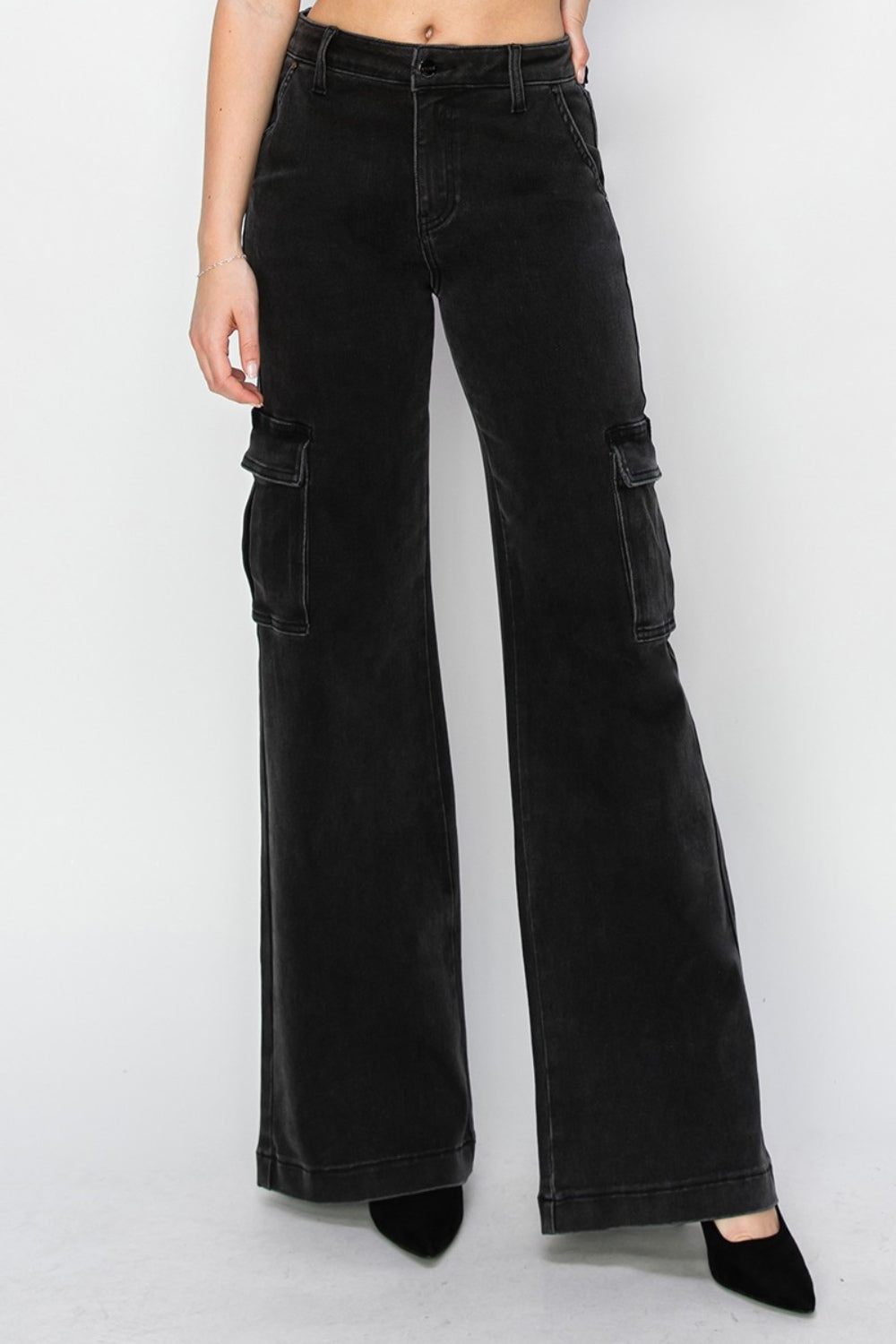 Risen Wide Leg Cargo Jeans in Washed Black