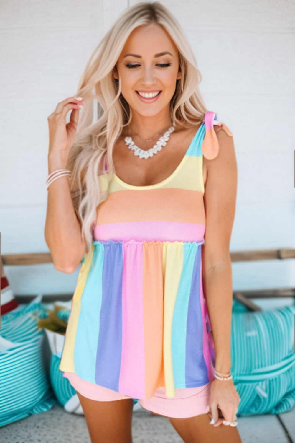 Full Spectrum Striped Tie Shoulder Frill Trim Tank