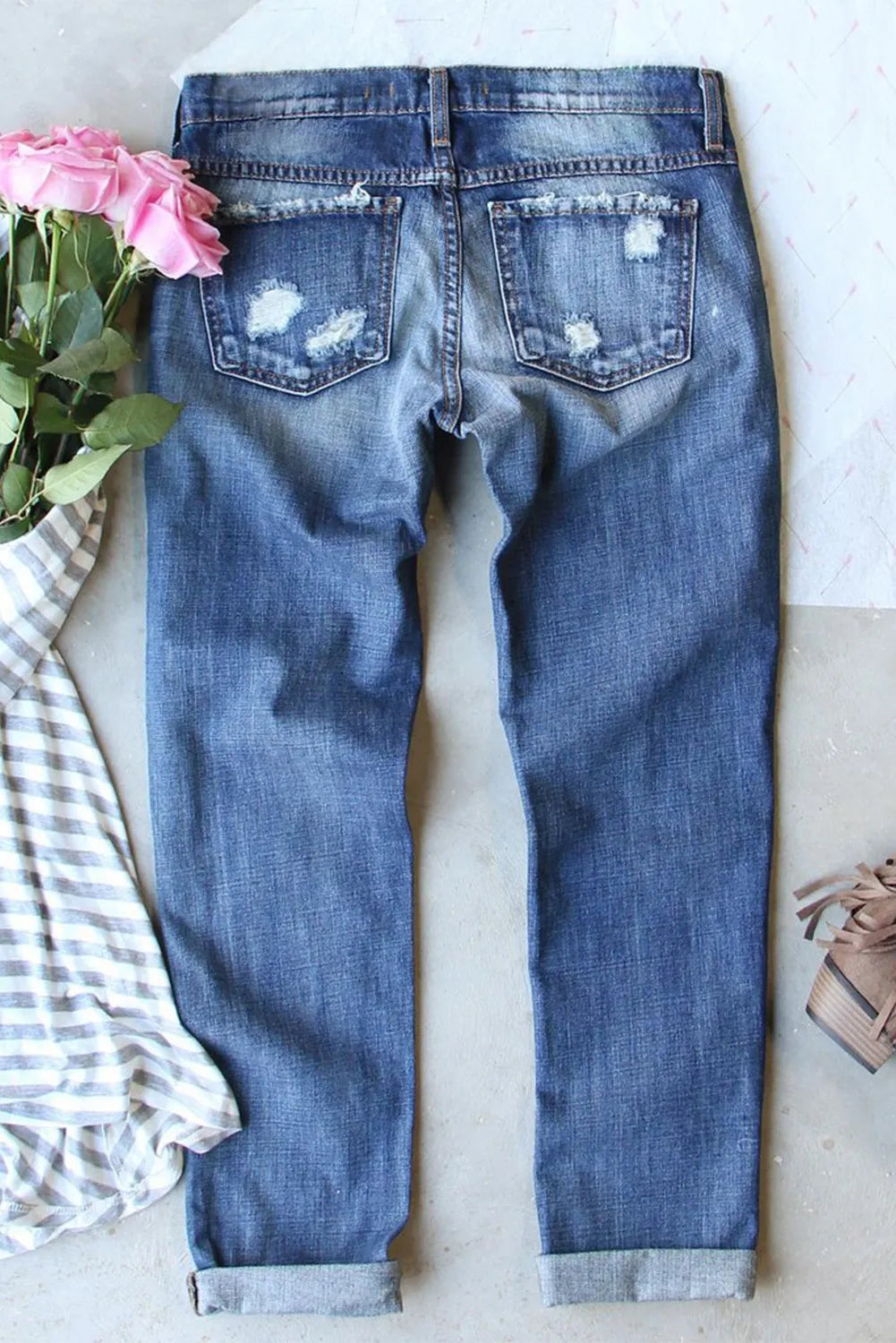 Football Patch Mid Rise Distressed Straight Jeans