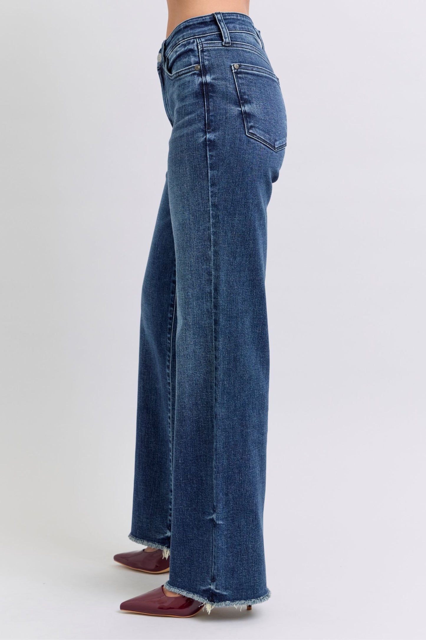 Judy Blue Mid Rise Raw Hem Wide Leg Jeans