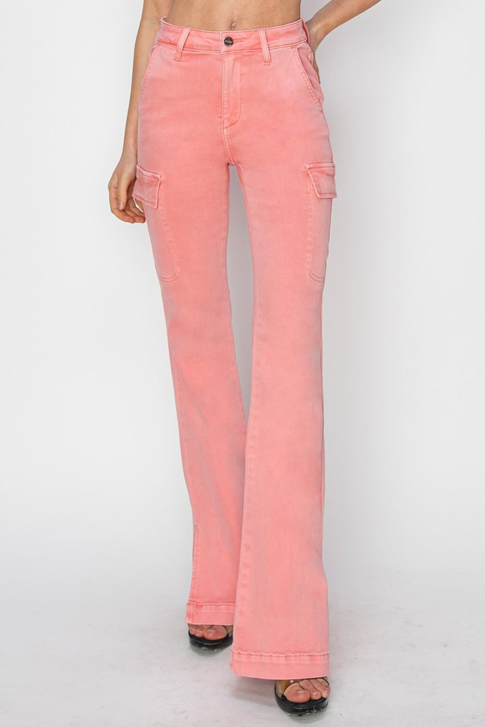 RISEN High Rise Side Slit Cargo Bootcut Jeans in Flamingo