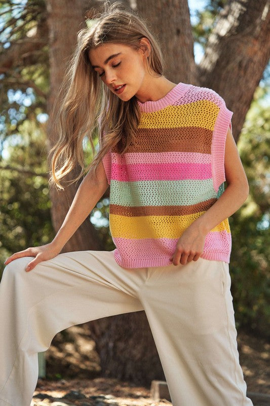 Crochet Multi Striped Pullover Knit Sweater Vest - 2 Color Options