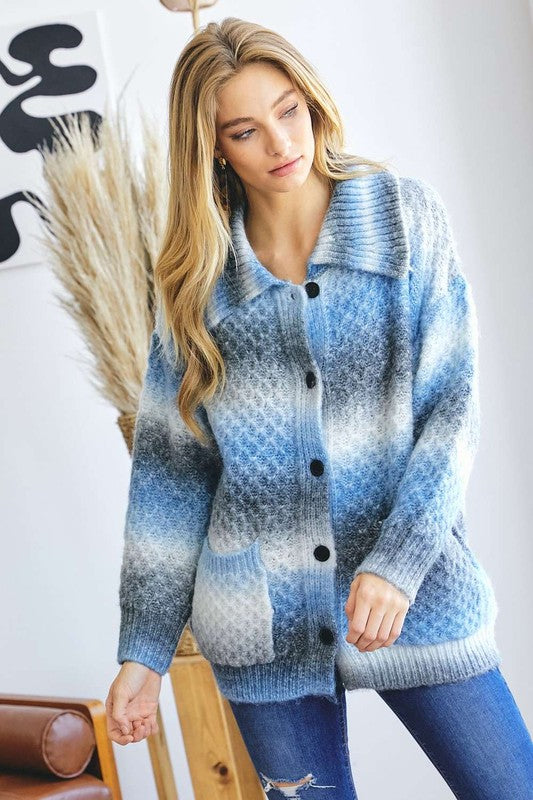 Ombre Blue Striped Collared Cardigan