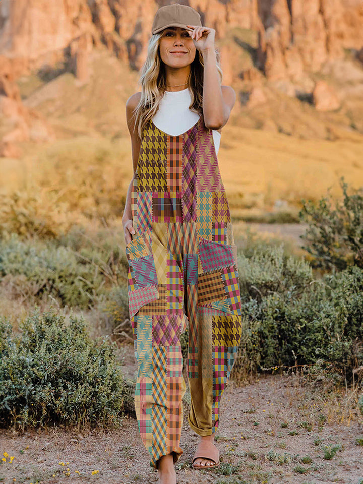 Boho Relaxed Tank Patch Pocket Jumpsuit - Patchwork