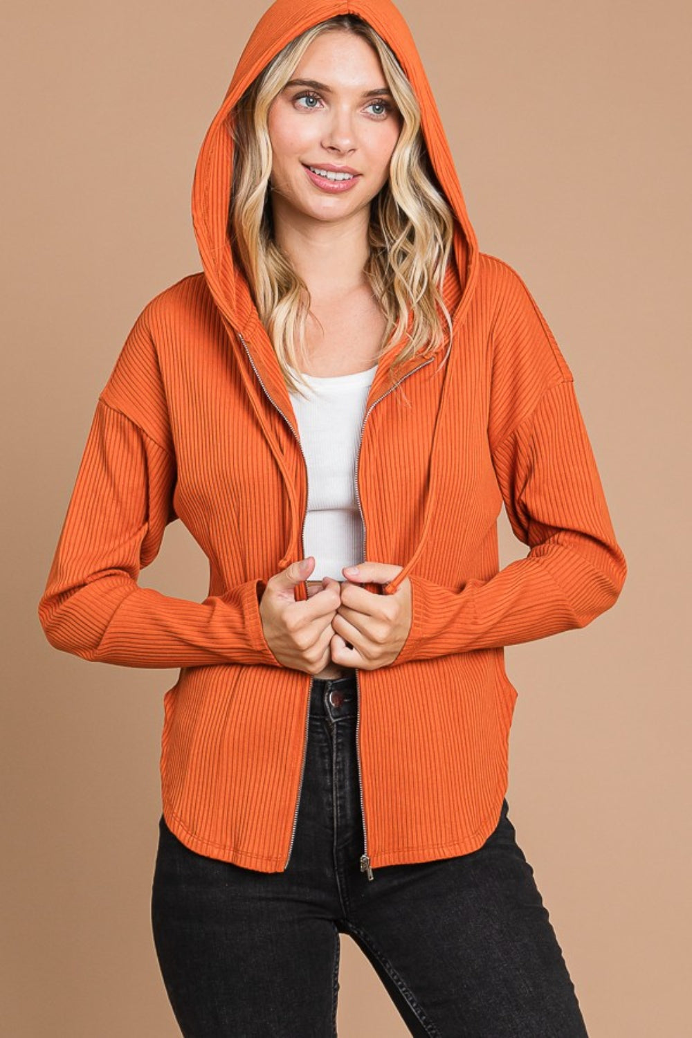 Ribbed Zip Up Drawstring Hooded Jacket - 4 Color Options