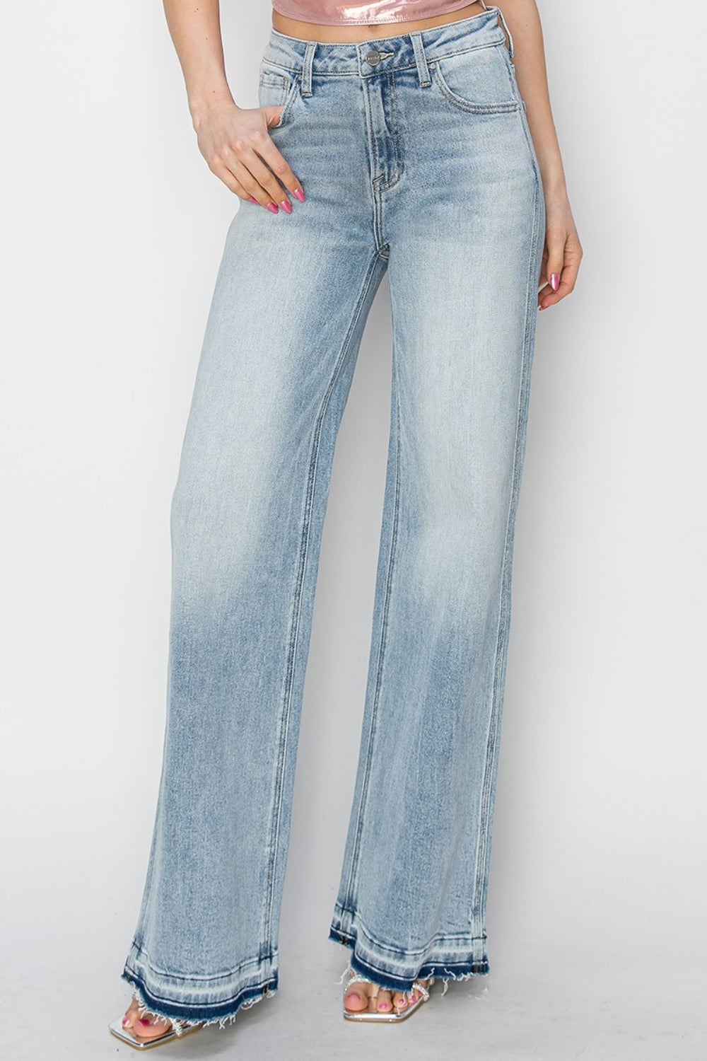 Risen High Rise Shadow Hem Wide Leg Jeans