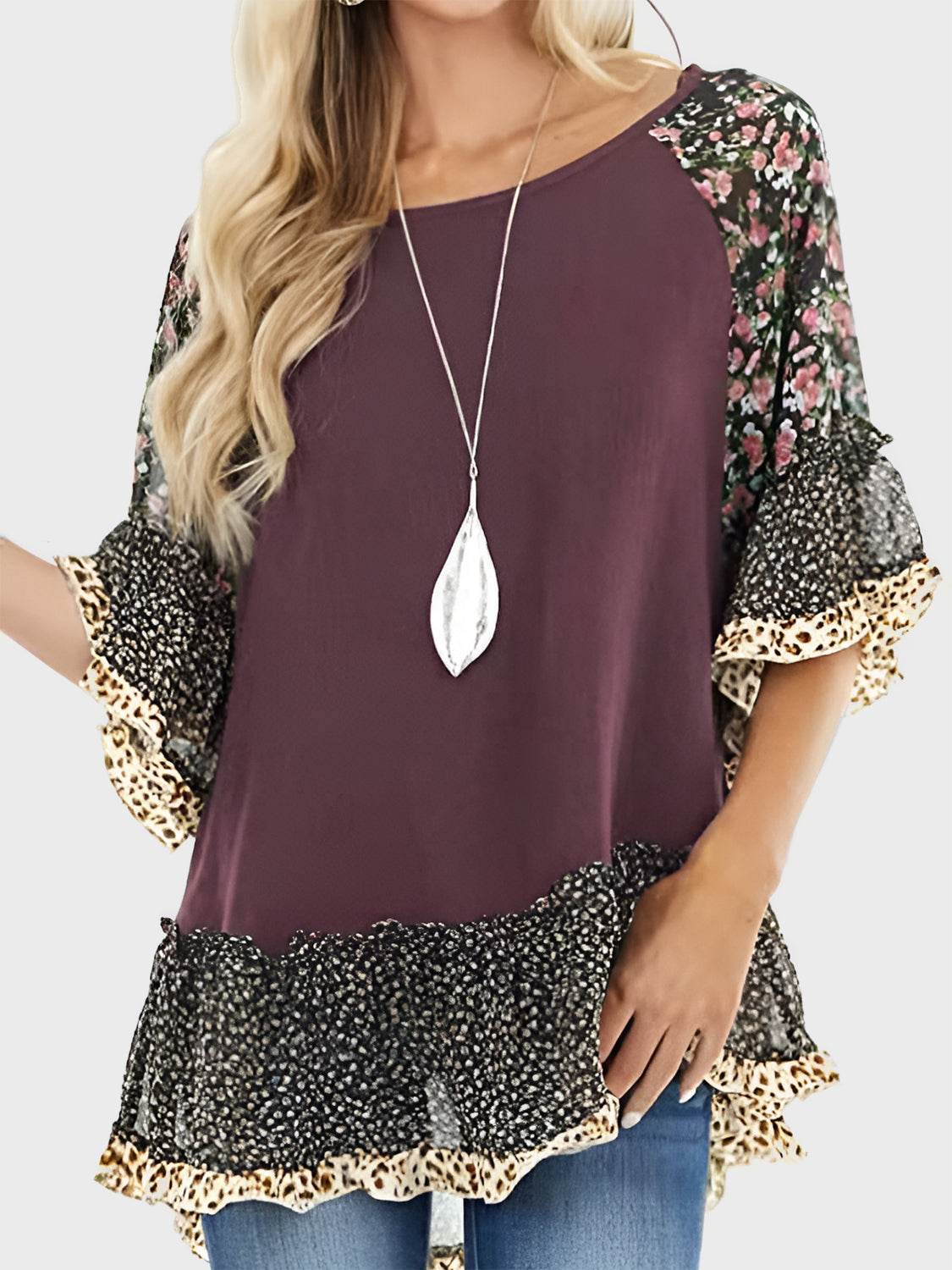 Ruffle Sleeve Mixed Print Blouse - 7 Print/Color Options