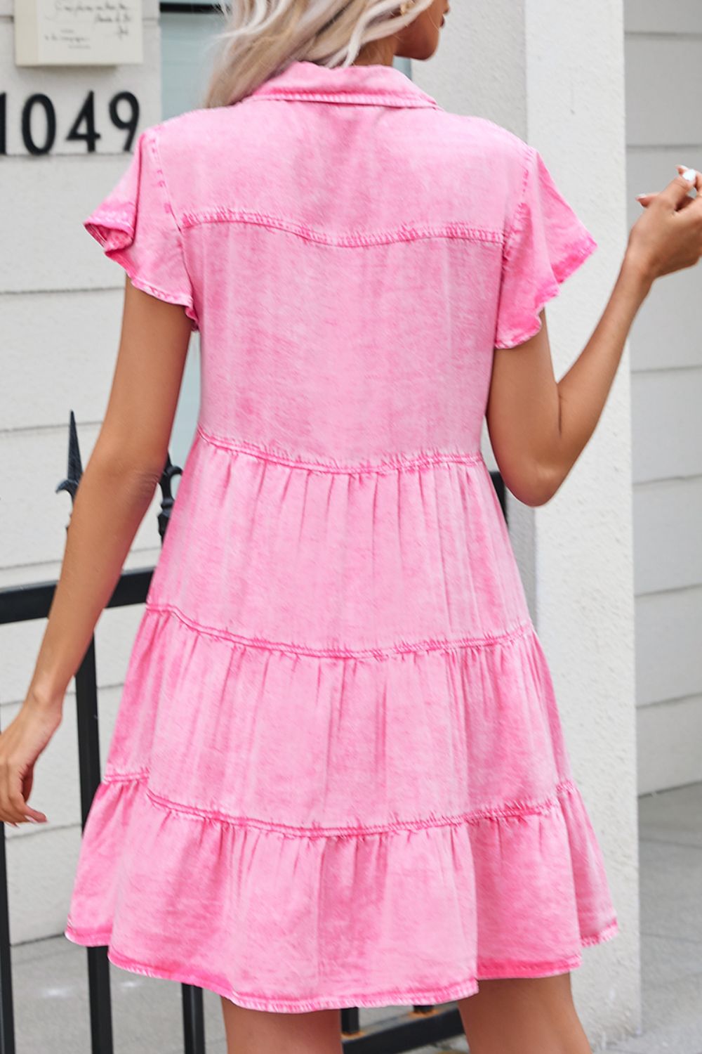 Flounce Sleeve Tiered Denim Dress in Mineral Pink