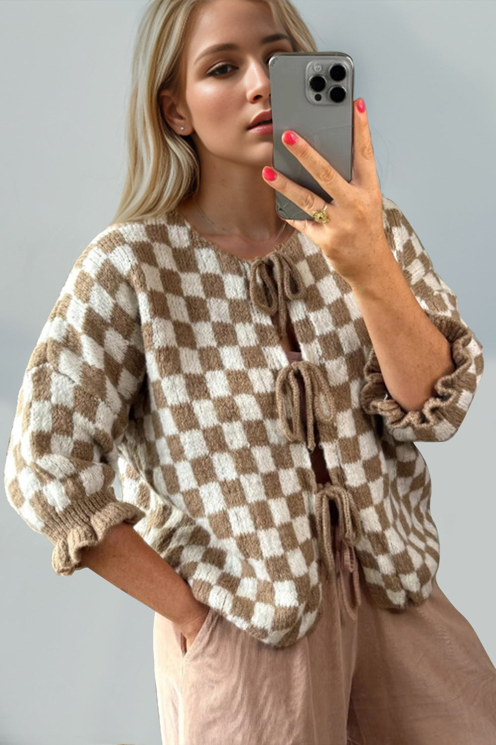 Tied Checkered Flounce Sleeve Cardigan - 7 Color Options