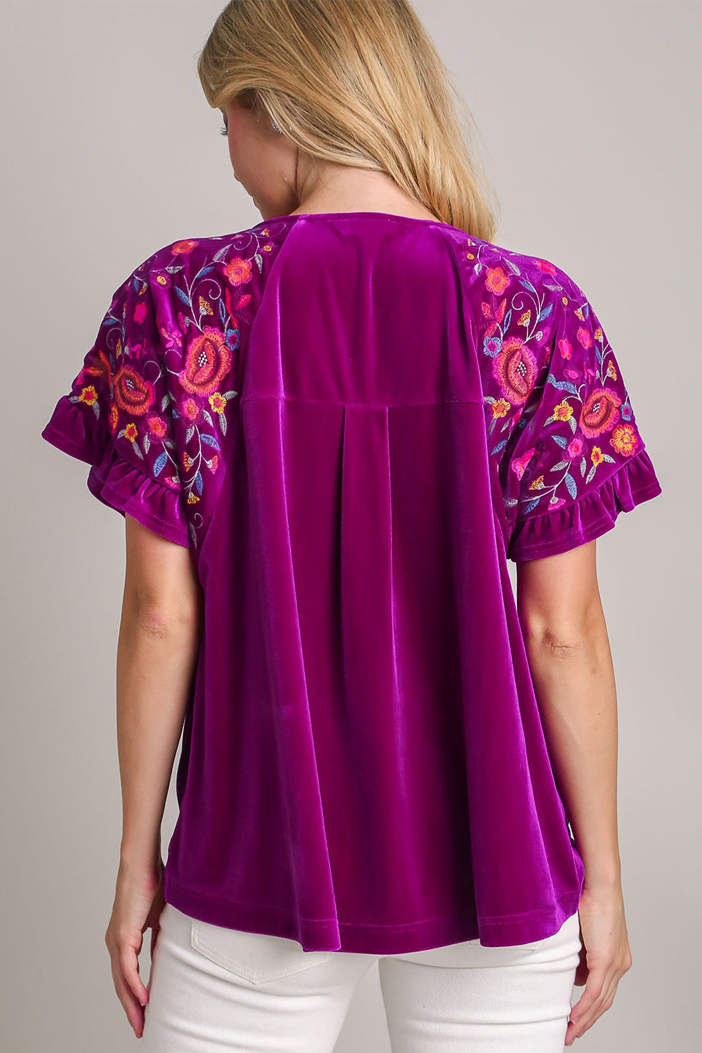 Velvet Embroidery Short Sleeve Blouse in Violet