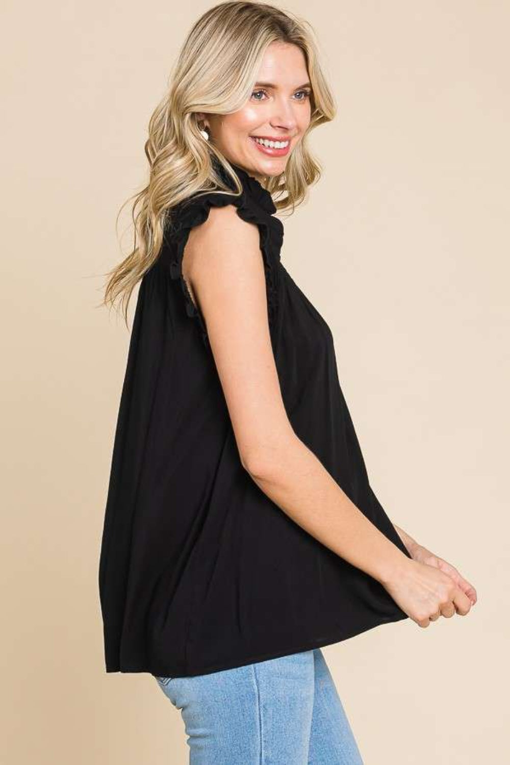 Frill Edge Smocked Black Sleeveless Top