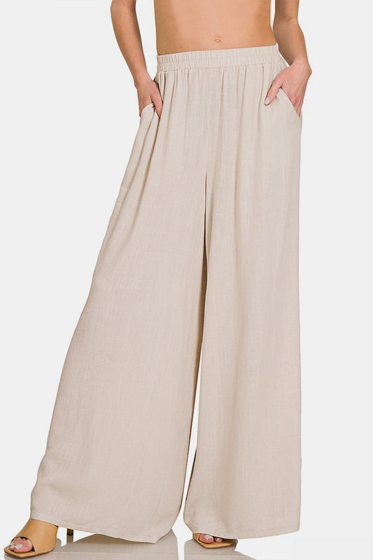 Linen Blend Wide Leg Pants in Khaki