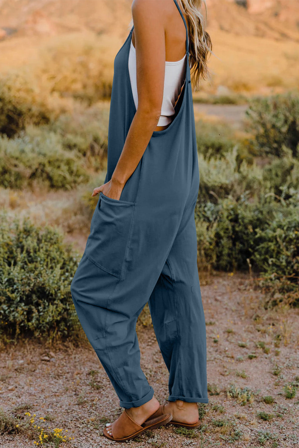 Boho Relaxed Tank Patch Pocket Jumpsuit - 13 Color Options