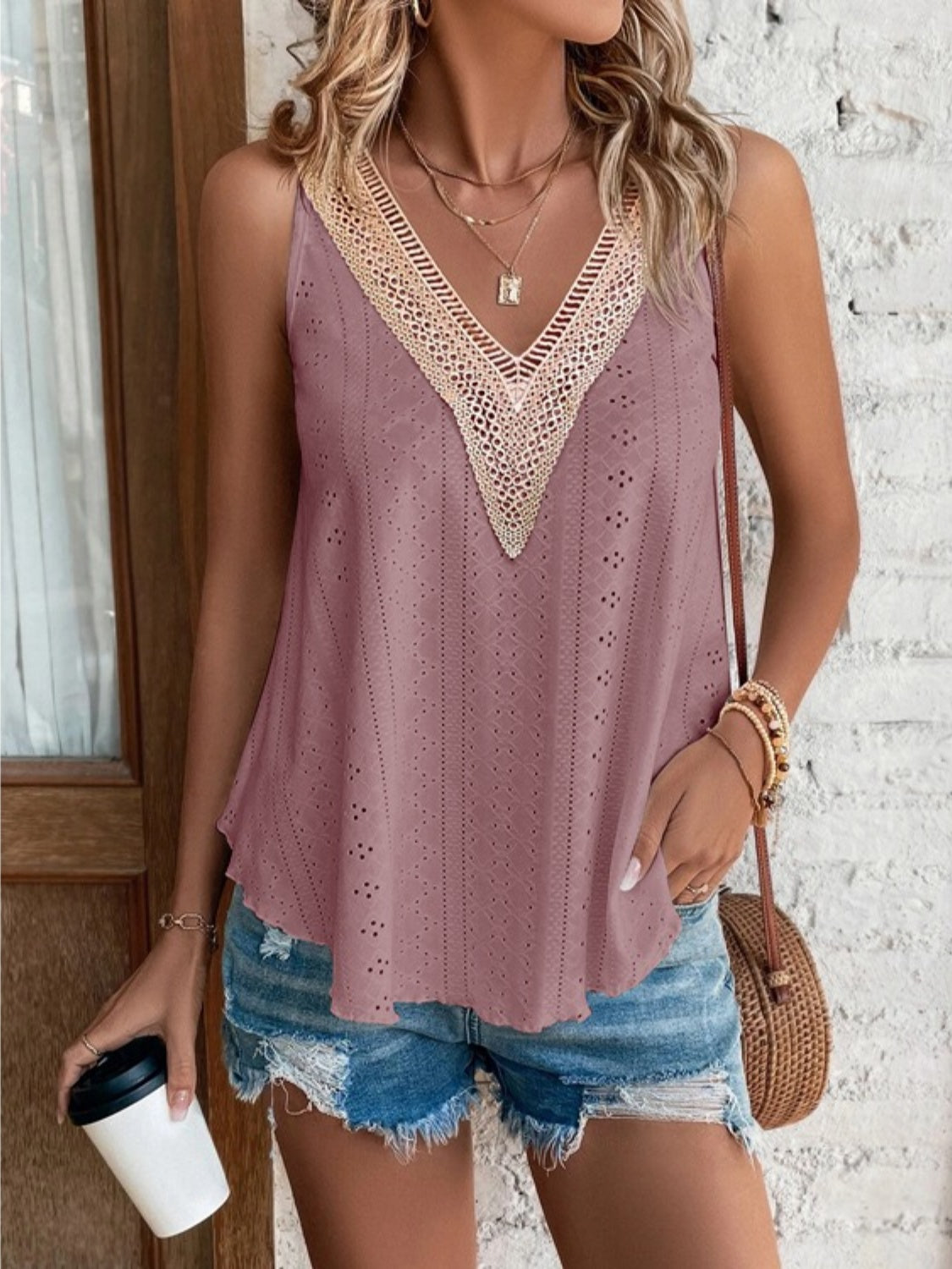 Eyelet and Lace V-Neck Tank - 5 Color Options