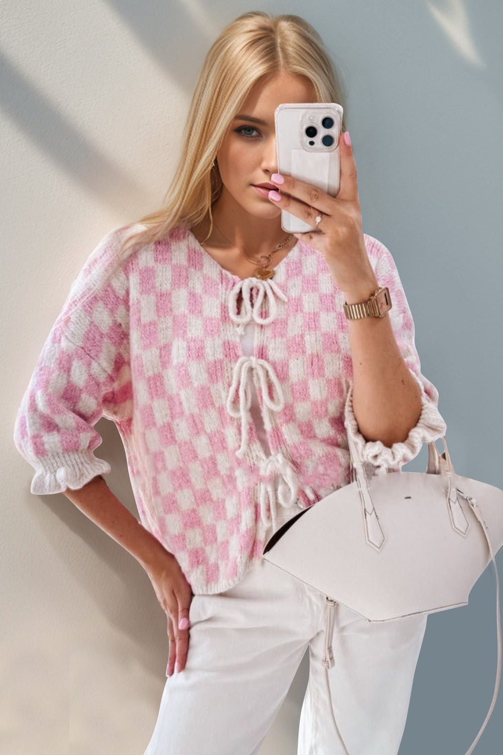 Tied Checkered Flounce Sleeve Cardigan - 7 Color Options