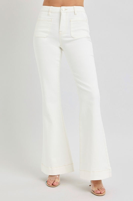 RISEN Front Patch Pocket Flare Jeans in Cream