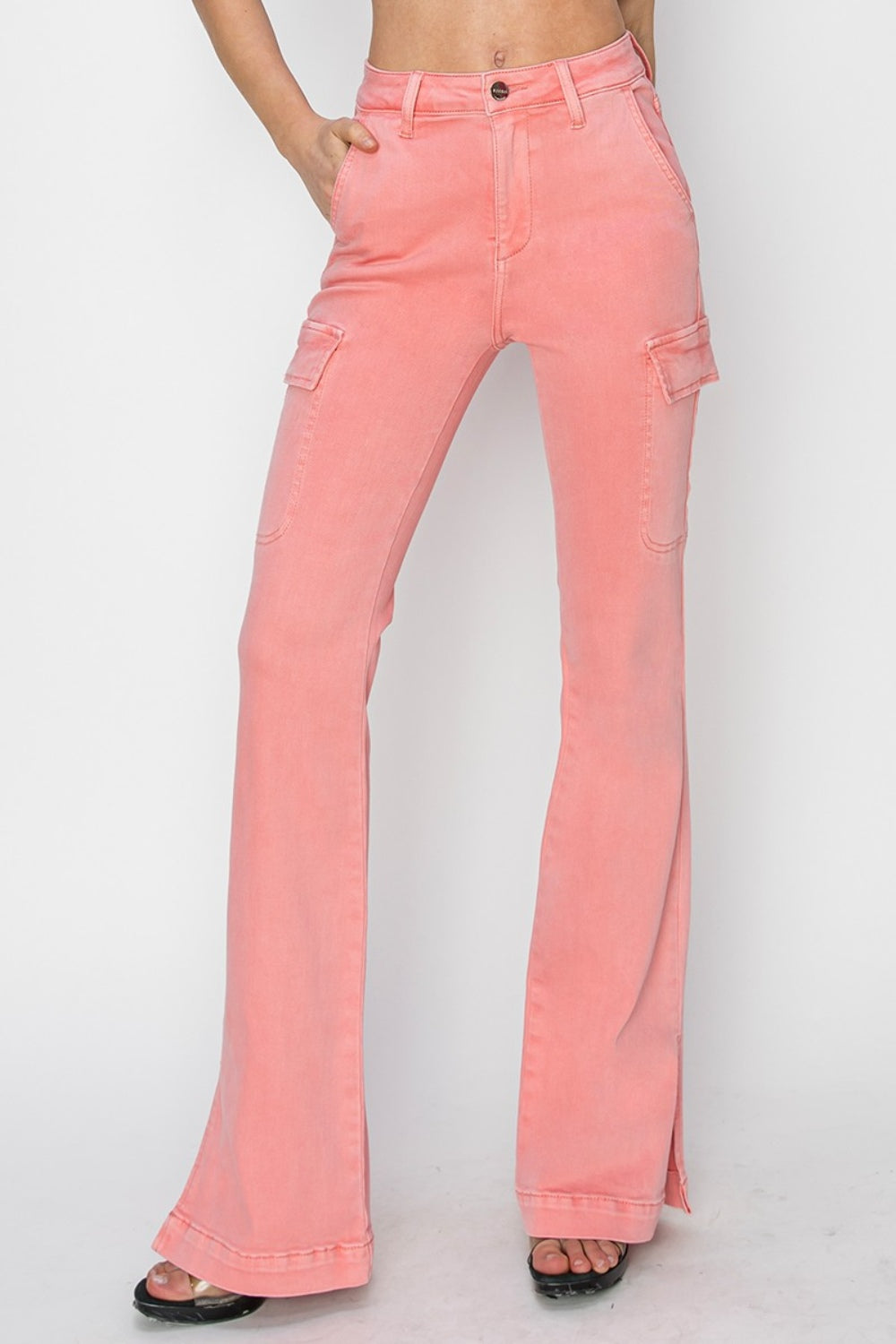 RISEN High Rise Side Slit Cargo Bootcut Jeans in Flamingo