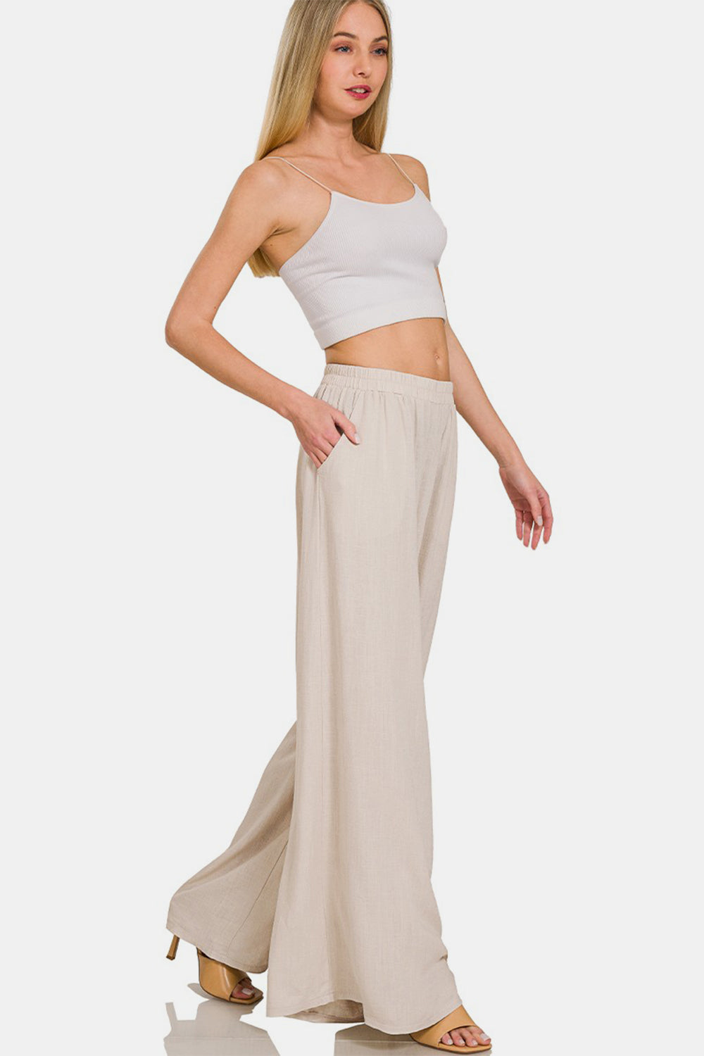 Linen Blend Wide Leg Pants in Khaki