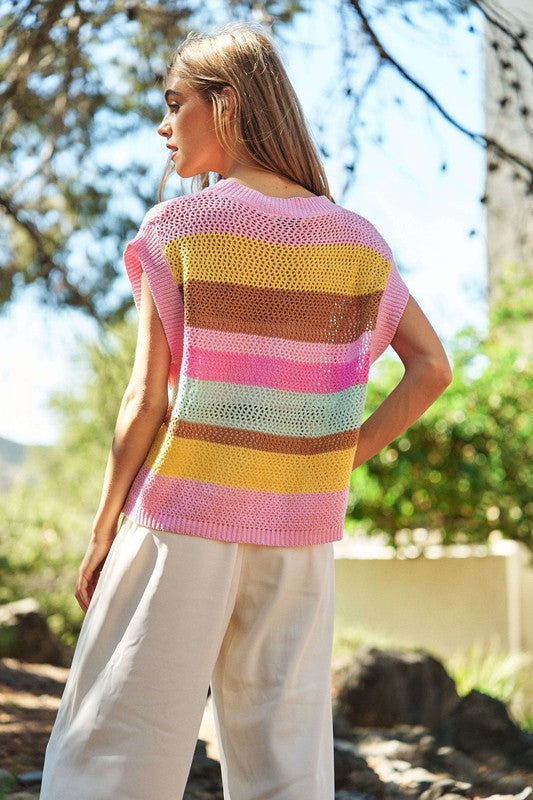 Crochet Multi Striped Pullover Knit Sweater Vest - 2 Color Options