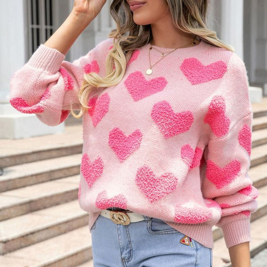 Fuzzy Hearts Pink Knit Sweater