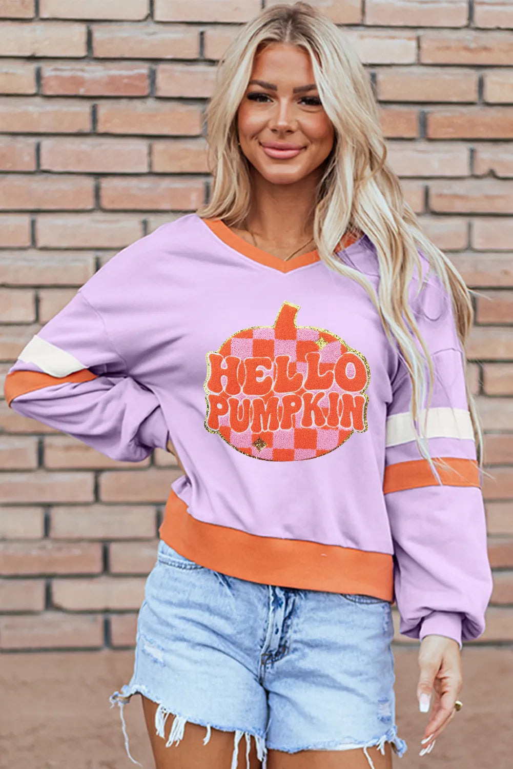 Hello Pumpkin Checkered Glitter Chenille Patch Sweatshirt