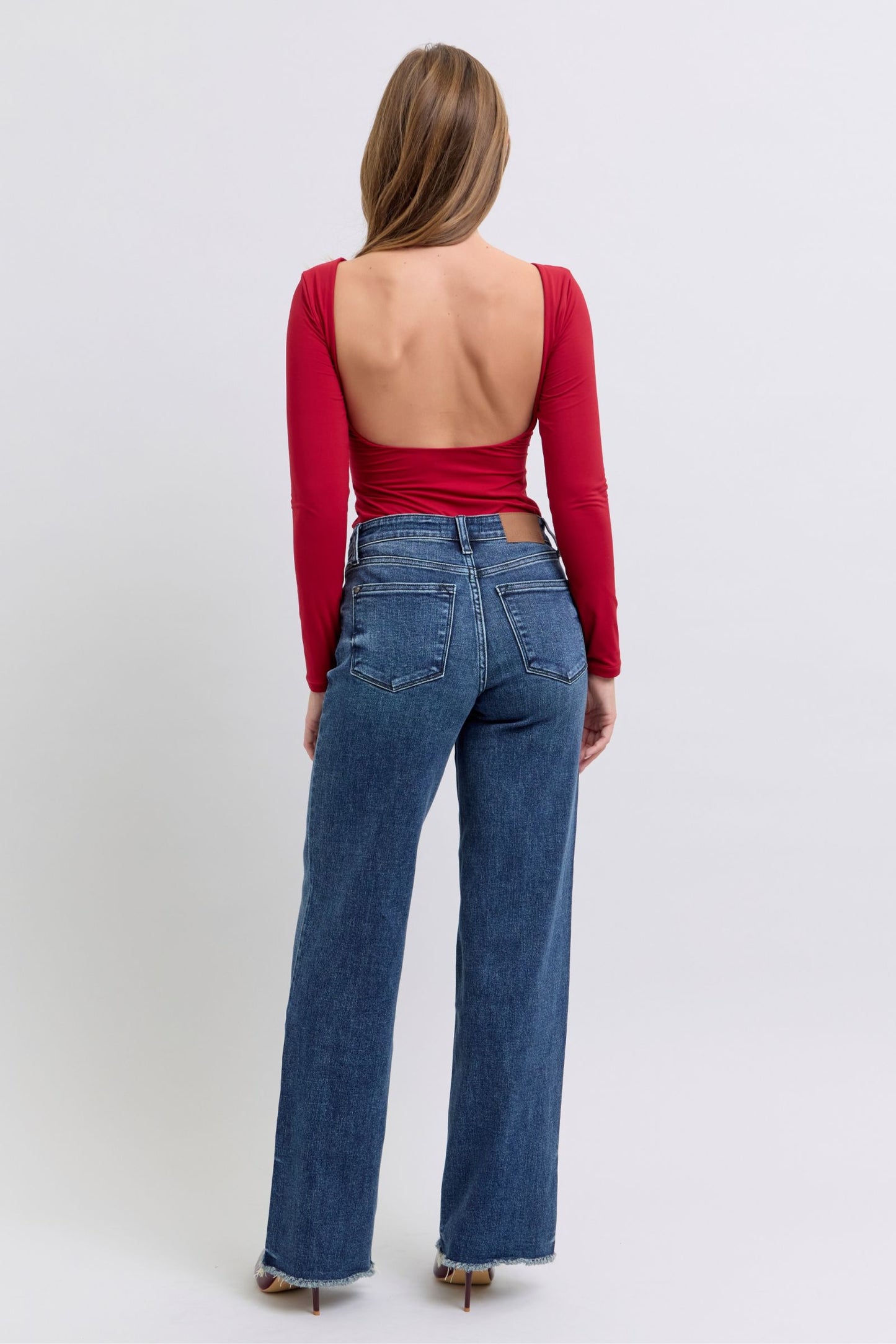 Judy Blue Mid Rise Raw Hem Wide Leg Jeans