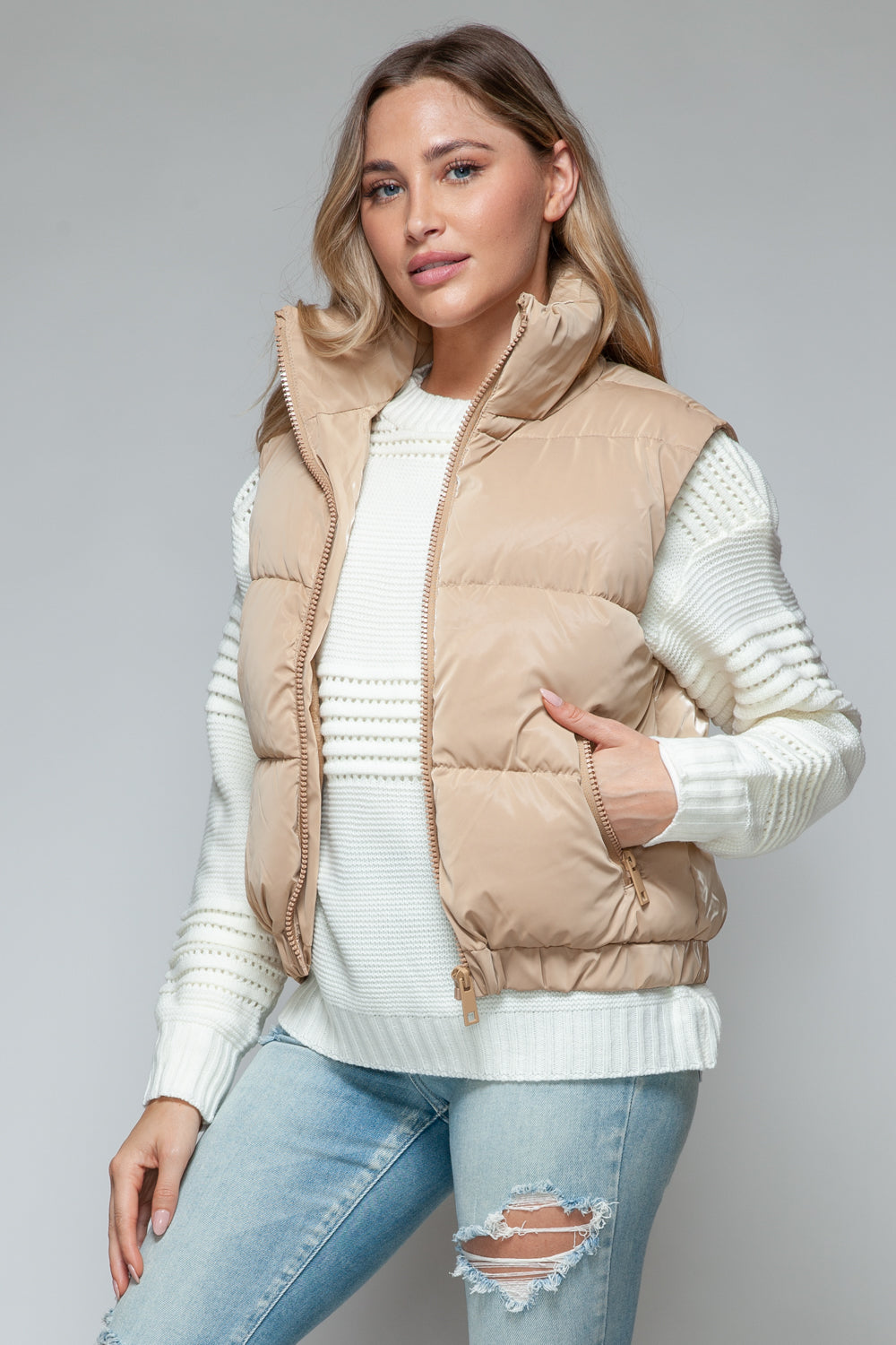 Mid Length Puffer Vest in Iced Coffee