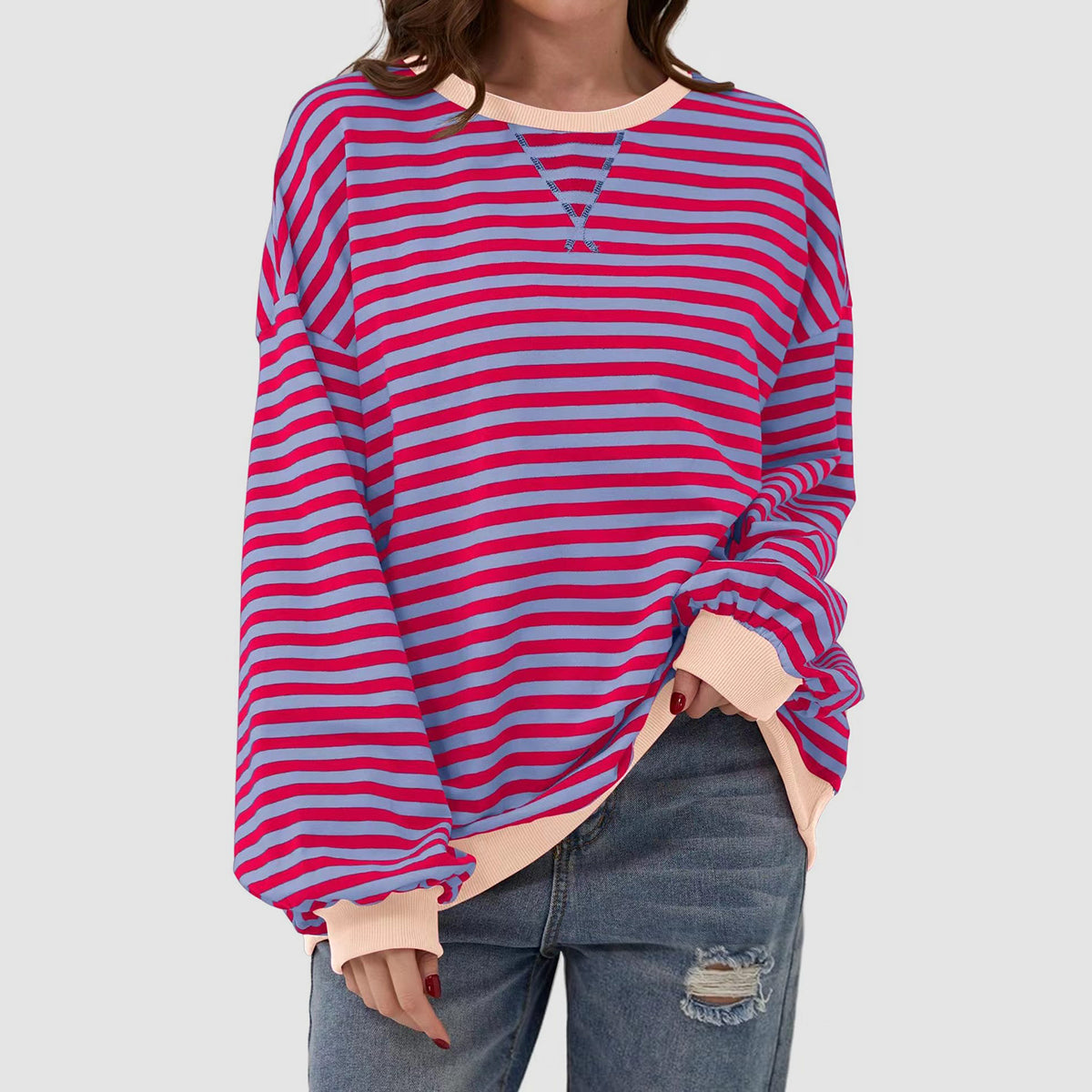 Contrast Striped Long Sleeve Oversized T-Shirt