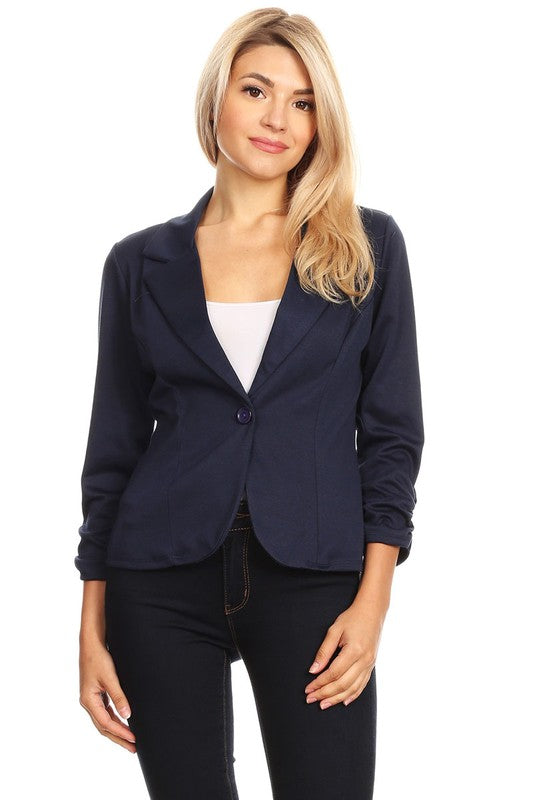 Hip Length Ruched Sleeve Single Button Blazer - 14 Color Options