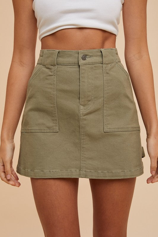 Cargo Denim Mini Skirt in Olive