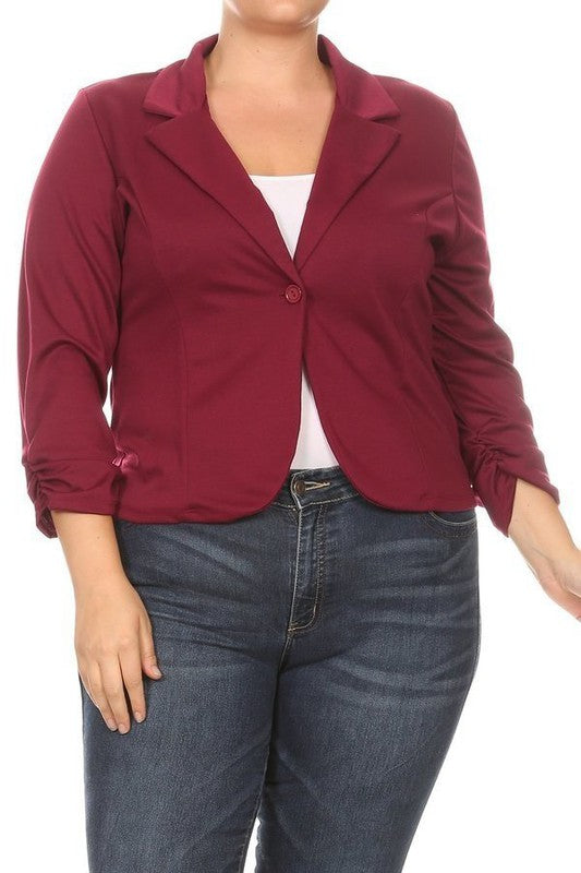 Hip Length Ruched Sleeve Single Button Blazer - 14 Color Options