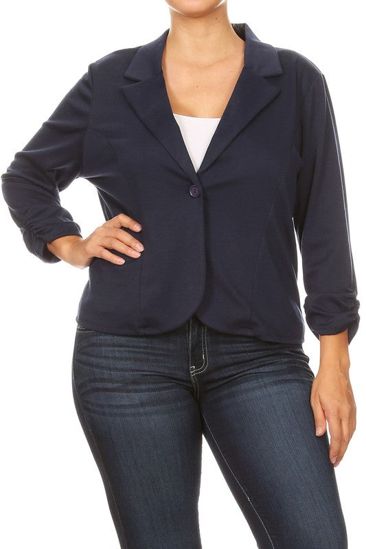 Hip Length Ruched Sleeve Single Button Blazer - 14 Color Options