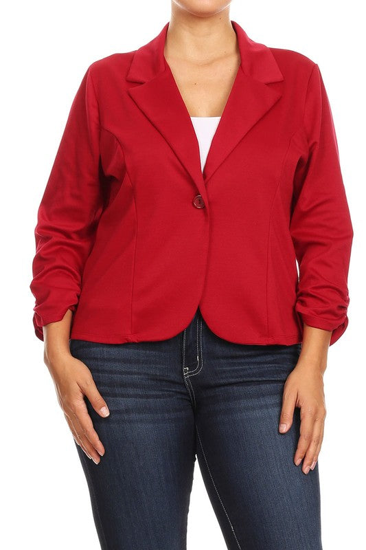 Hip Length Ruched Sleeve Single Button Blazer - 14 Color Options