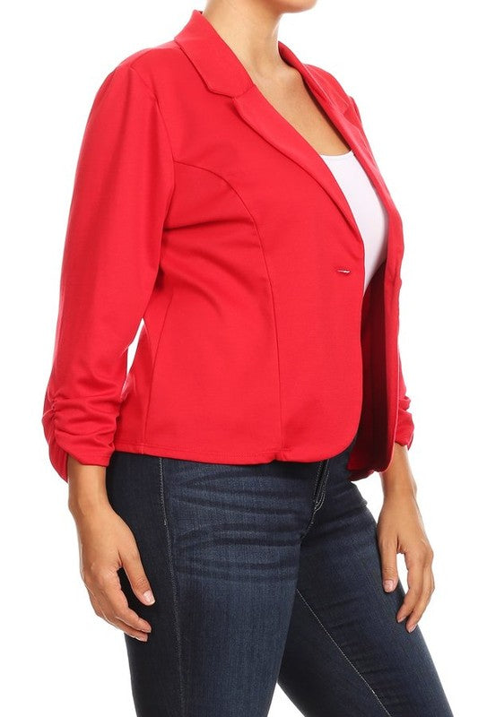 Hip Length Ruched Sleeve Single Button Blazer - 14 Color Options