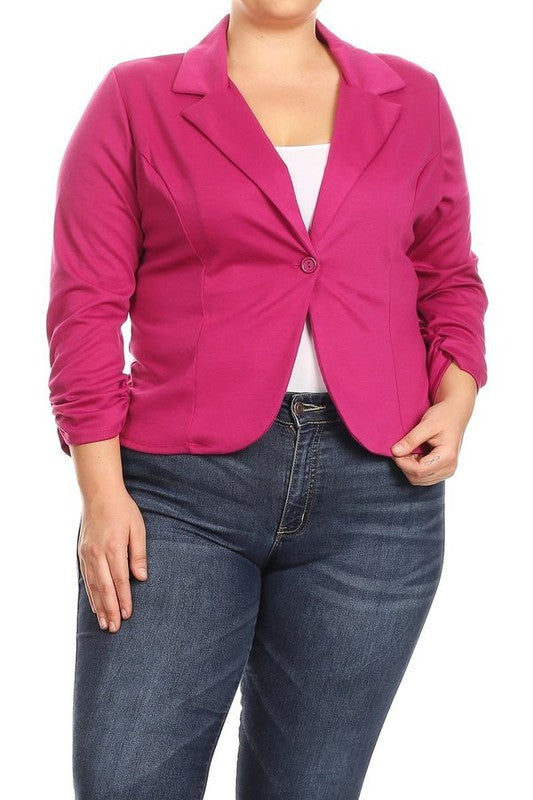 Hip Length Ruched Sleeve Single Button Blazer - 14 Color Options