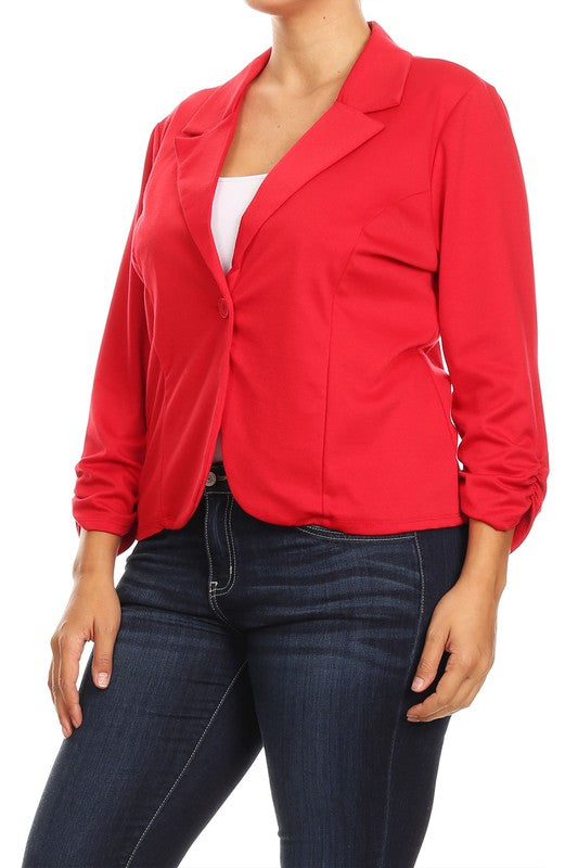 Hip Length Ruched Sleeve Single Button Blazer - 14 Color Options