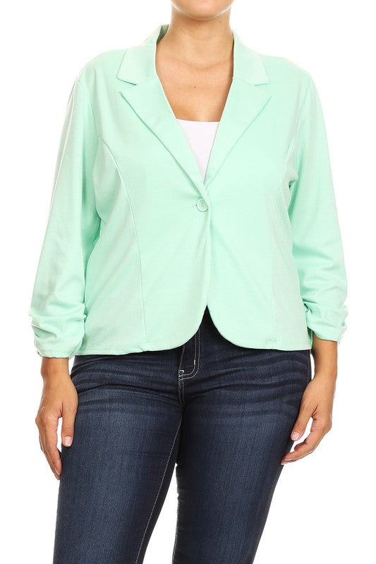 Hip Length Ruched Sleeve Single Button Blazer - 14 Color Options