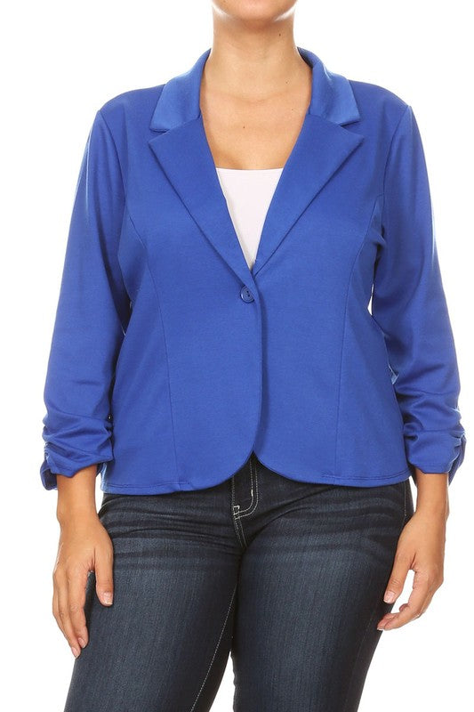 Hip Length Ruched Sleeve Single Button Blazer - 14 Color Options